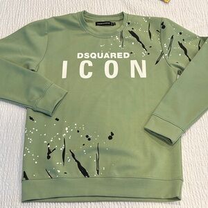 DSQUARED2 Sage Green Icon Crewneck with Black & White Paint-Splash
